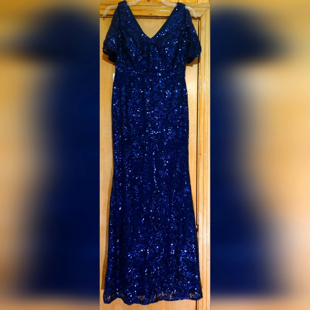 NWT Azazie Dress Garance Womens Sz 8 Navy Blue Floral Sequin Design Formal Gown